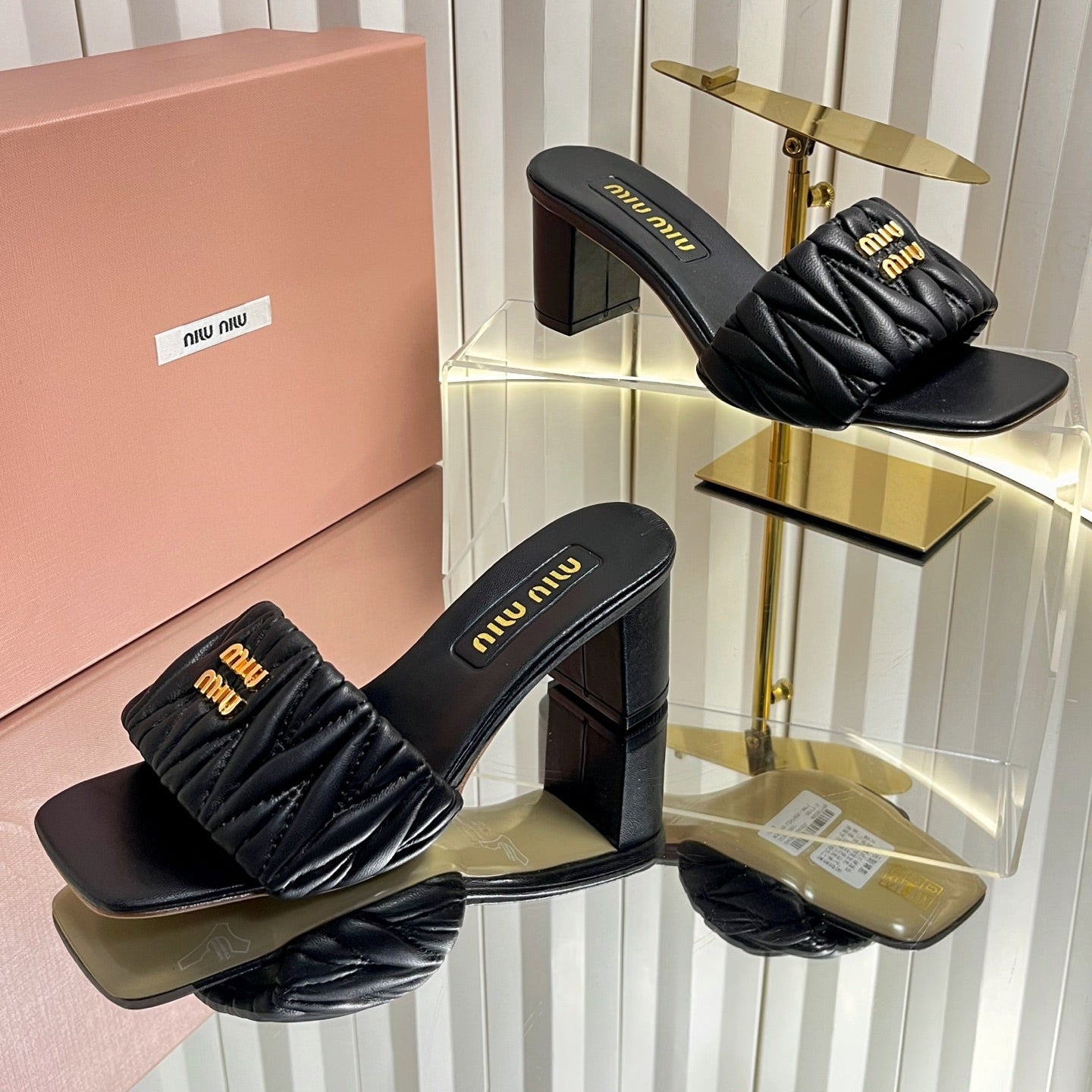 MIUMIU 26S PADDED MATELASSE MULE HEELS 65MM IN BLACK CALFSKIN GOLD HARDWARE