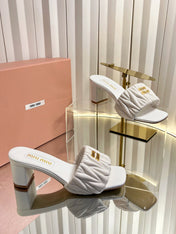 MIUMIU 26S PADDED MATELASSE MULE HEELS 65MM IN WHITE CALFSKIN GOLD HARDWARE