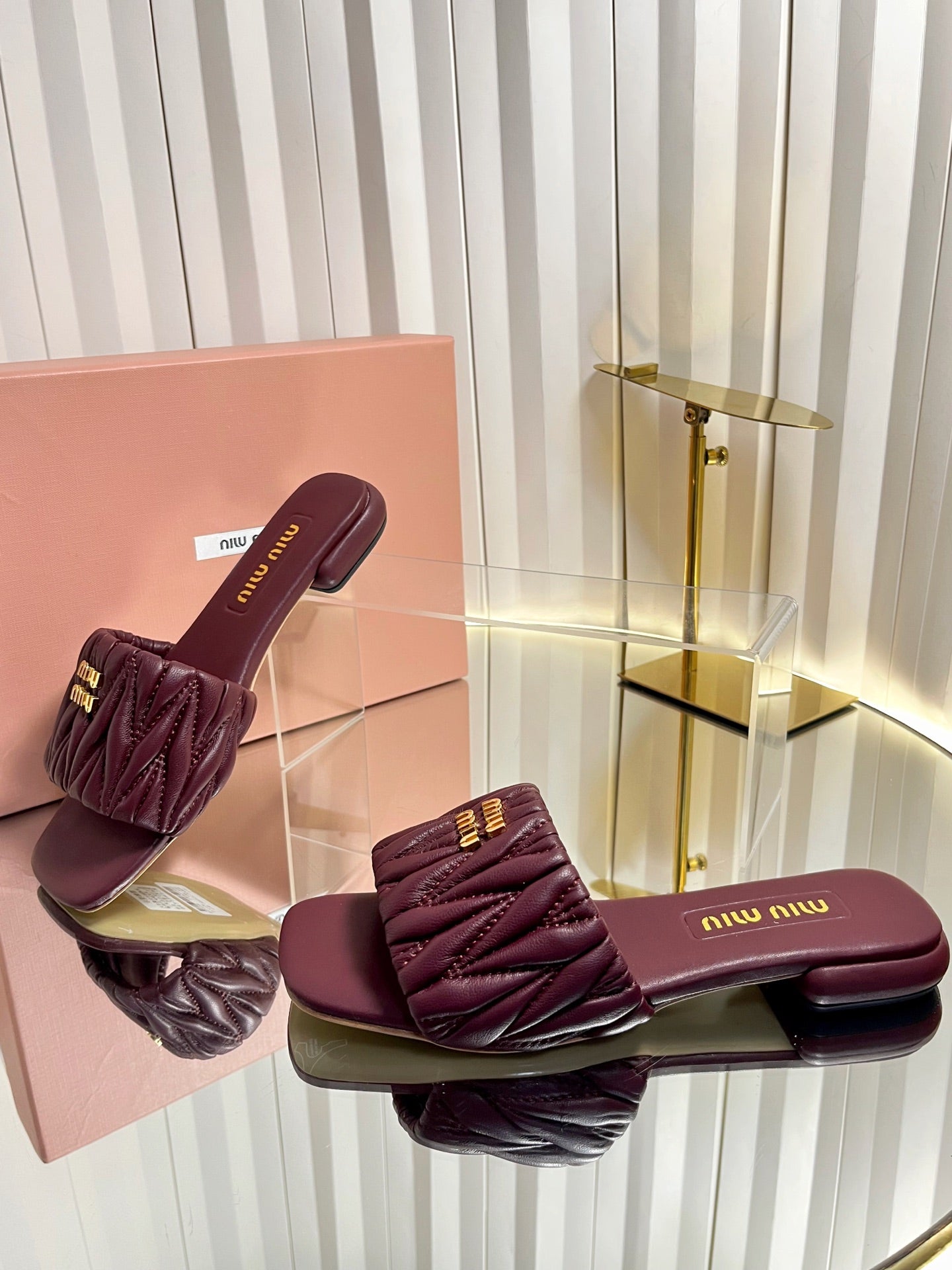 MIUMIU 26S MATELASSE SLIDES IN BURGUNDY RED CALFSKIN GOLD HARDWARE