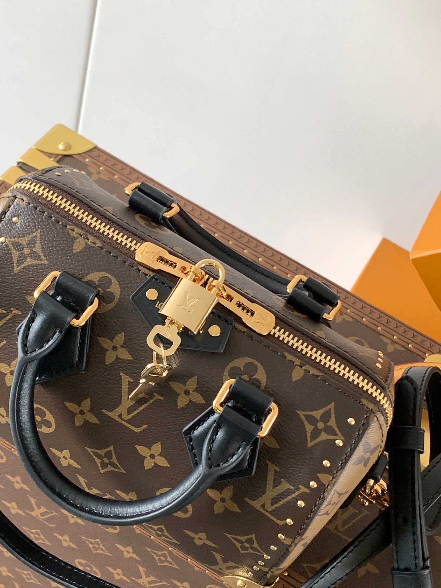 SPEEDY TRUNK BAG 20 IN BROWN MONOGRAM COATED CANVAS AND BLACK CALFSKIN