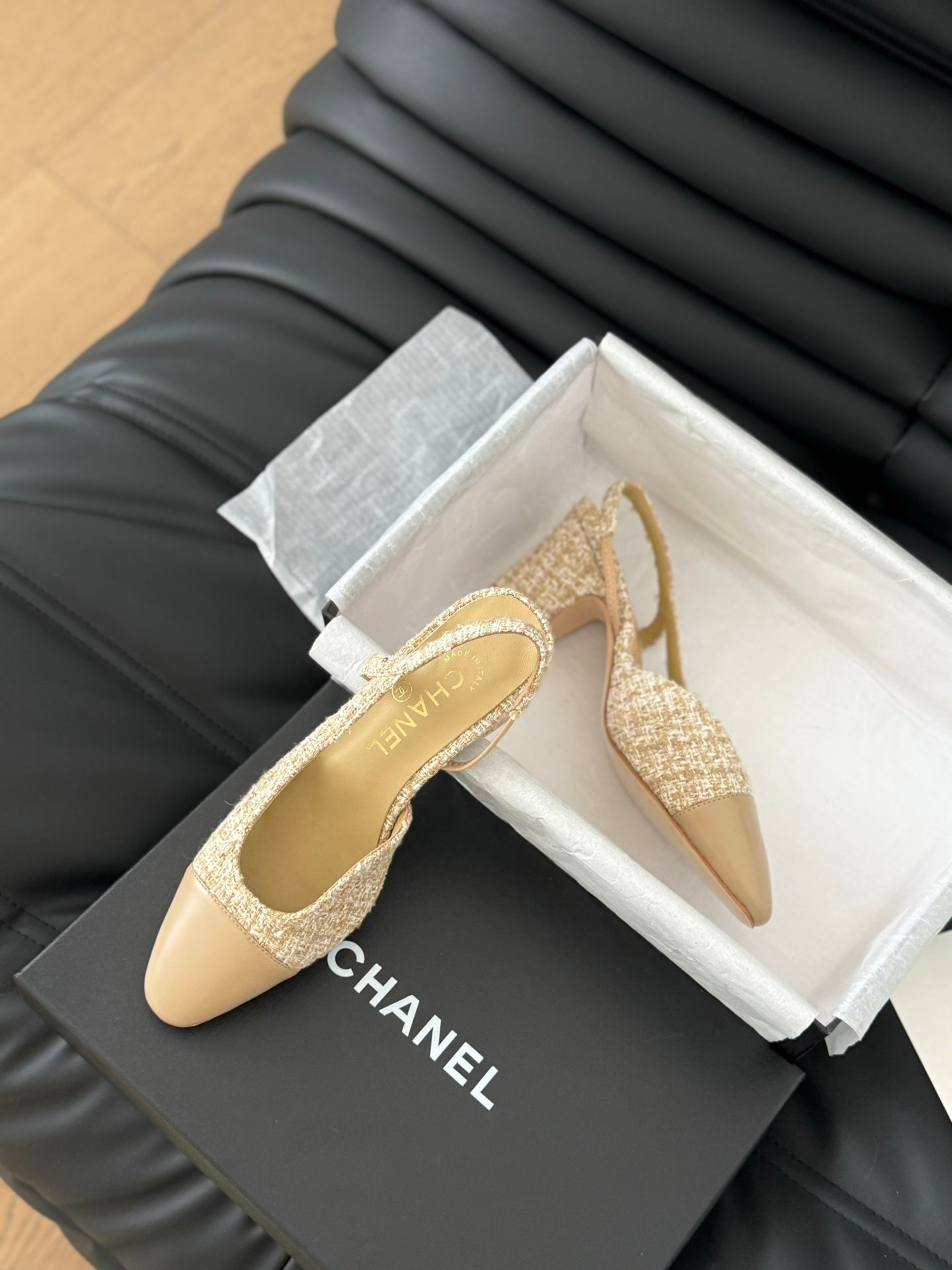 CLASSIC HIGH SLINGBACK CORN YELLOW TWEEDS AND CALFSKIN