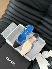 HIGH SLINGBACK IN COBALT BLUE TWEED AND BLACK LAMBSKIN