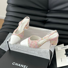 HIGH SLINGBACK IN LIGHT PINK TWEED MIX WHITE LAMBSKIN
