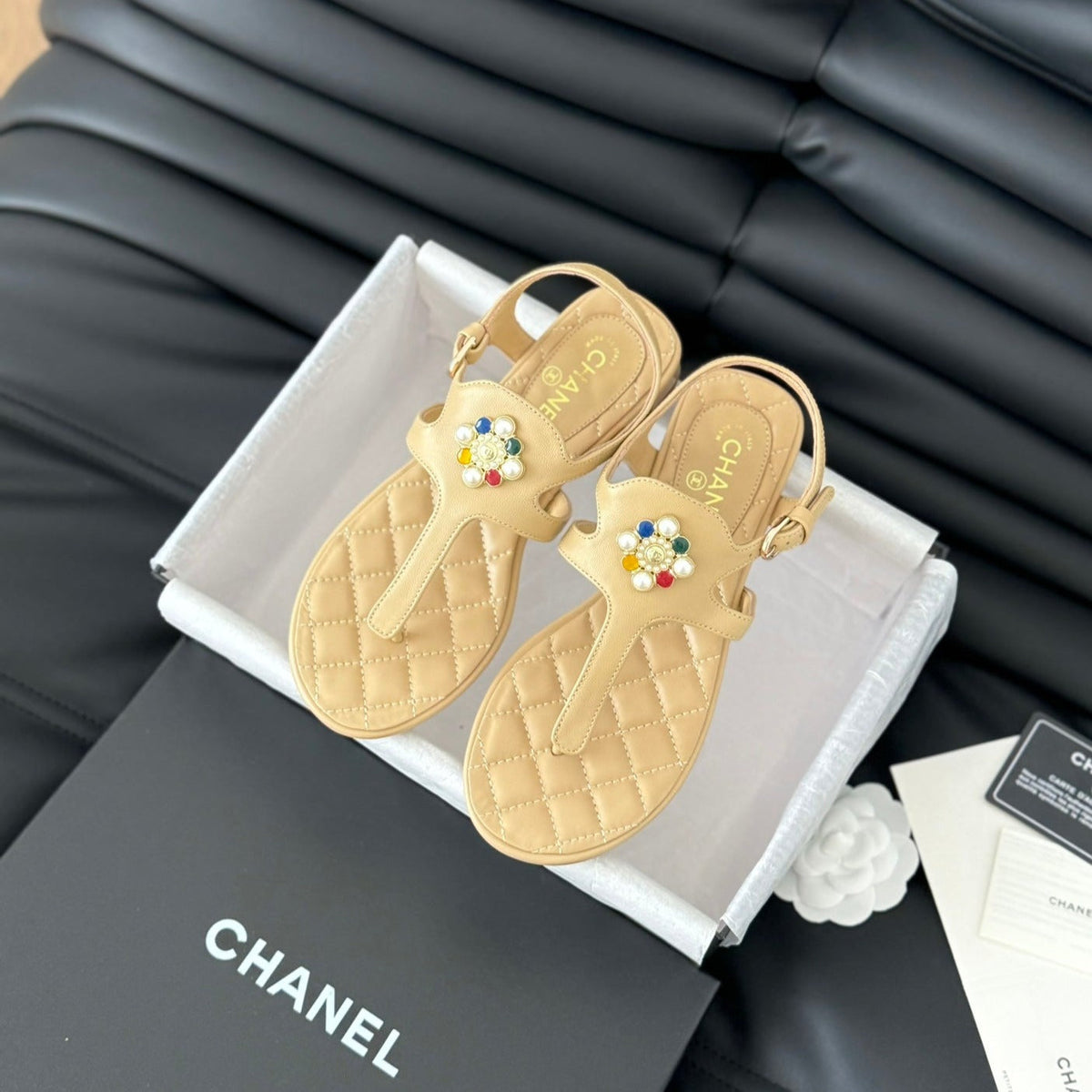 Double C Classic One-Strap Sandals Tan Brown Lambskin