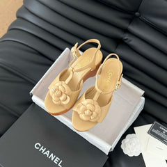 Double C New Wood Grain Platform Sandal  Tan Brown Lambskin