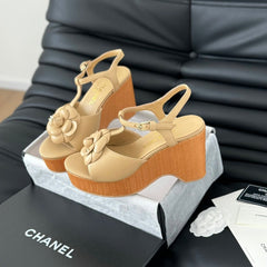 Double C New Wood Grain Platform Sandal  Tan Brown Lambskin