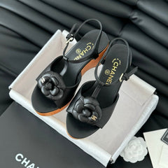 Double C New Wood Grain Platform Sandal  Black Lambskin
