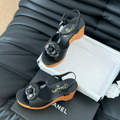 Double C New Wood Grain Platform Sandal  Black Lambskin