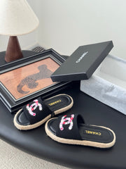 SLIPPERS IN BLACK SHEEPSKIN MIX FABRIC AND STRAPS BASE