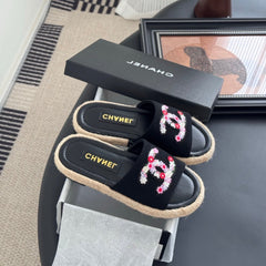 SLIPPERS IN BLACK SHEEPSKIN MIX FABRIC AND STRAPS BASE