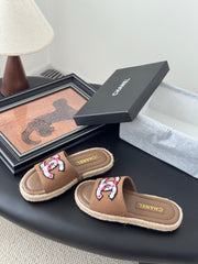 SLIPPERS IN BROWN LAMBSKIN MIX FABRIC AND STRAPS BASE