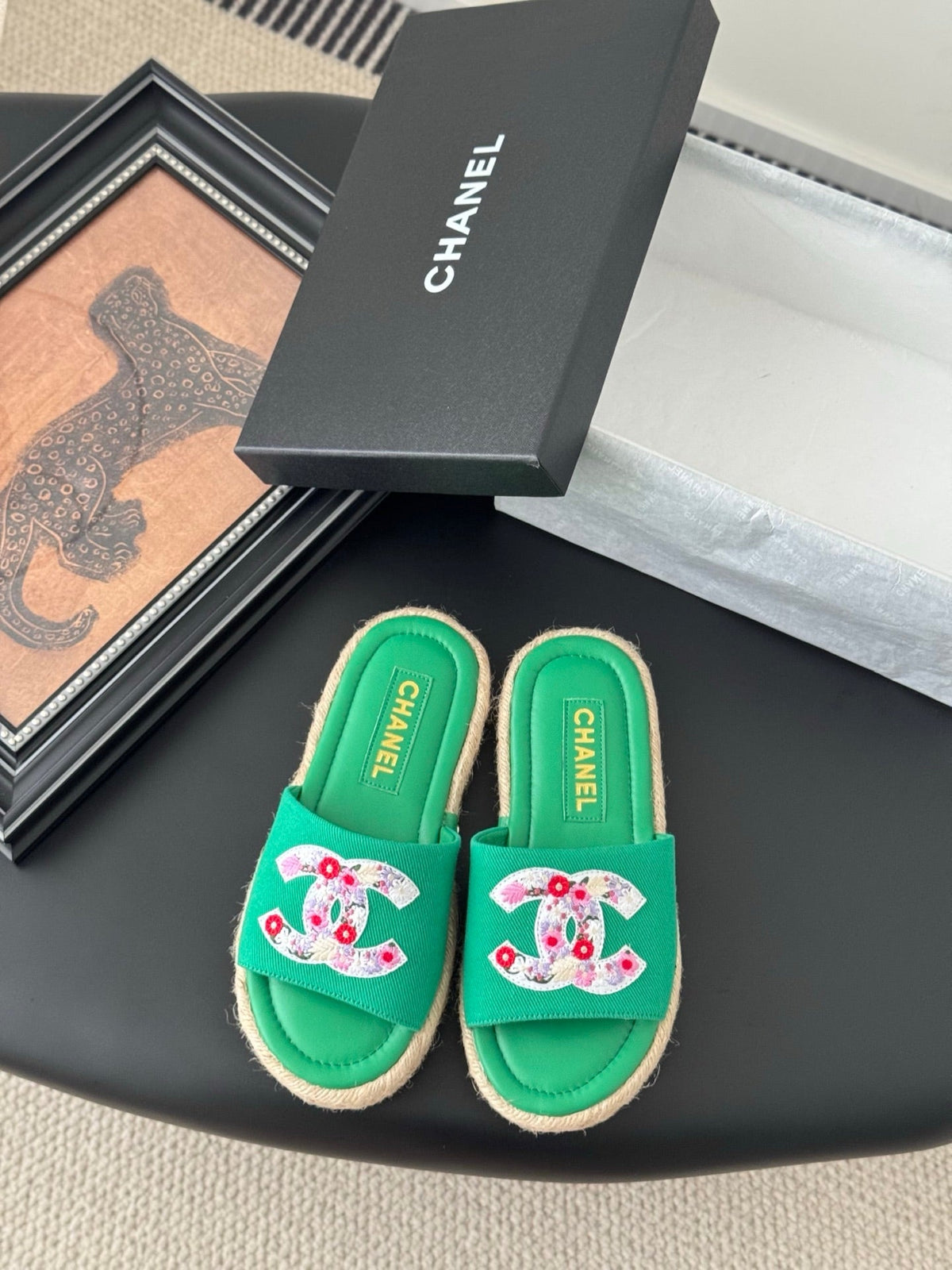 SLIPPERS IN GREEN SHEEPSKIN MIX FABRIC AND STRAPS BASE