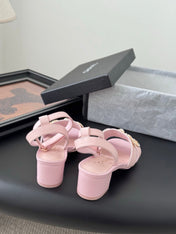 HIGH SANDALS IN PINK TWEED WITH LOGO STICKER DETAIL