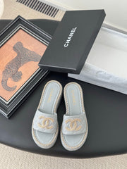 WEDGE HEELS IN BEAU BLUE CALFSKIN MIX CHAIN BASE