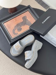 WEDGE HEELS IN BEAU BLUE CALFSKIN MIX CHAIN BASE