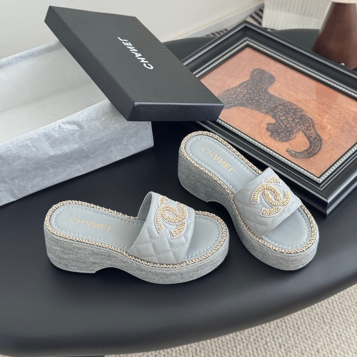 WEDGE HEELS IN BEAU BLUE CALFSKIN MIX CHAIN BASE