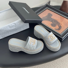 WEDGE HEELS IN BEAU BLUE CALFSKIN MIX CHAIN BASE