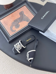 SLIPPER IN BLACK CALFSKIN MIX WOOL