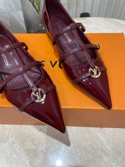 POINTED-TOE TRIPLE-STRAP BALLET FLAT IN BURGUNDY RED PATENT CALFSKIN