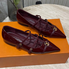 POINTED-TOE TRIPLE-STRAP BALLET FLAT IN BURGUNDY RED PATENT CALFSKIN