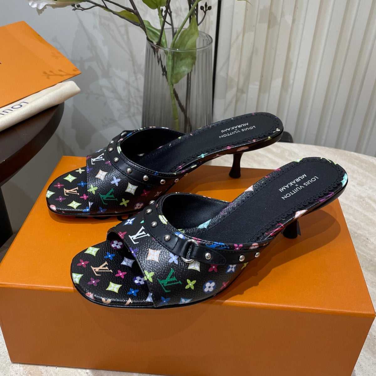 HIGH 5 CM MULES IN BLACK MONOGRAM LAMBSKIN