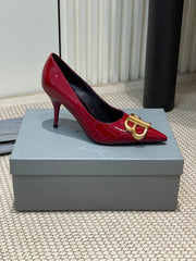 POINTED BB GOLD BUCKLE HIGH PUMPS 80MM IN RED PATENT CALFSKIN