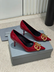 POINTED BB GOLD BUCKLE HIGH PUMPS 80MM IN RED PATENT CALFSKIN