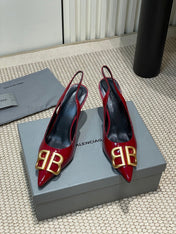 POINTED BB GOLD BUCKLE HIGH SLINGBACK 80MM IN RED PATENT CALFSKIN