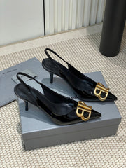 POINTED BB GOLD BUCKLE HIGH SLINGBACK 80MM IN BLACK PATENT CALFSKIN