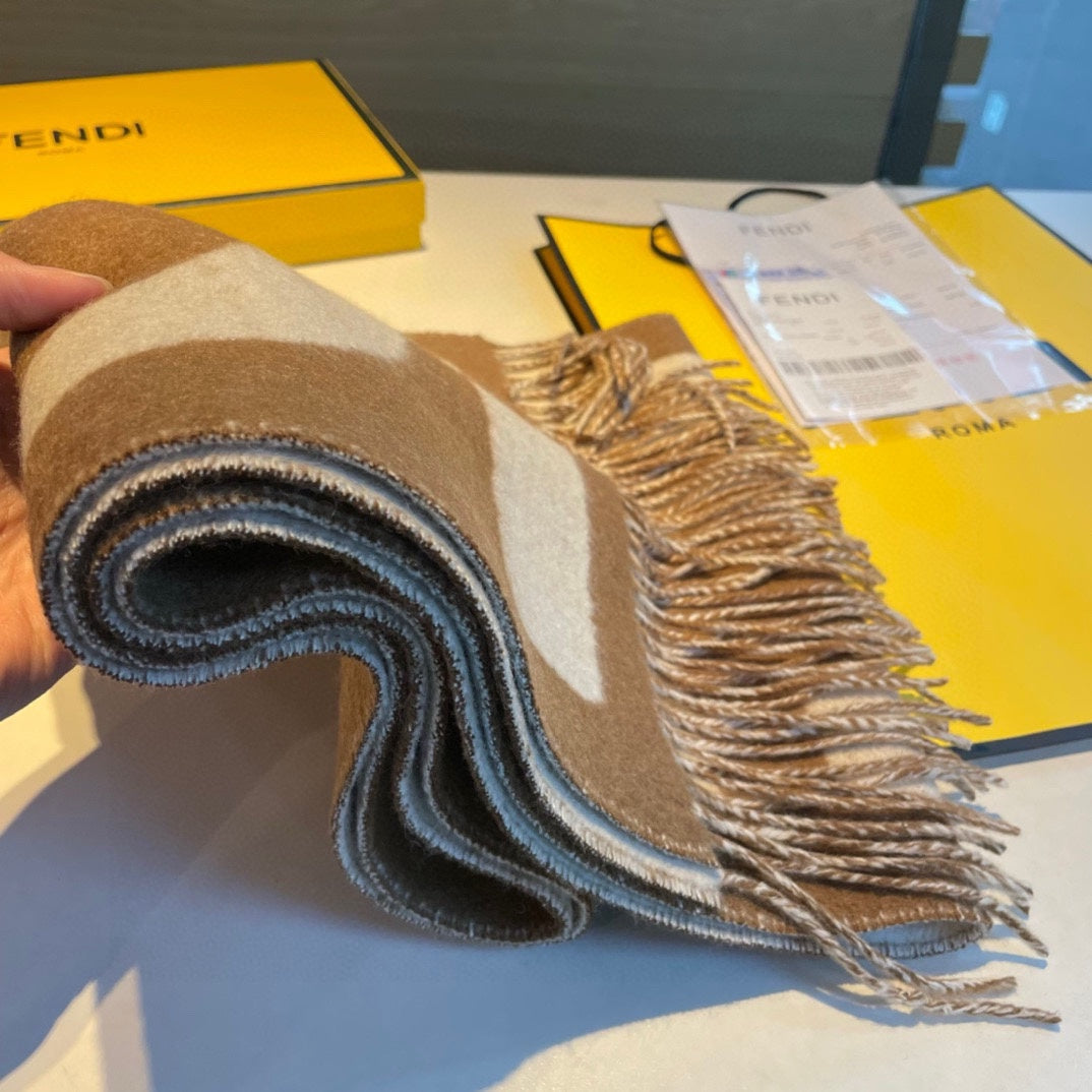 FF 185 CM SCARF IN CARAMEL BROWN MIX WHITE CASHMERE AND WOOL