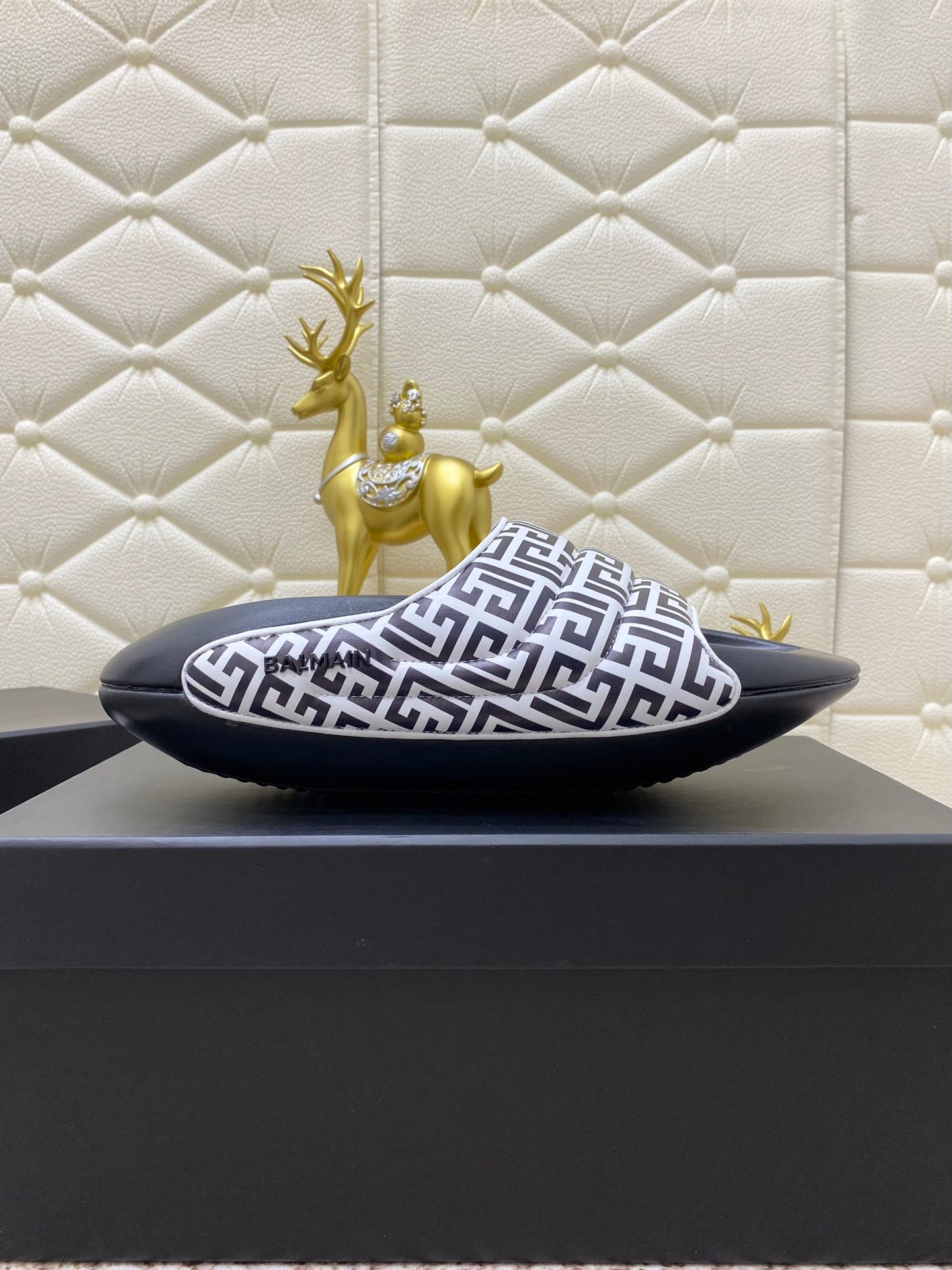 BALMAIN 25S BALMAIN MULES IN BLACK AND WHITE CALFSKIN