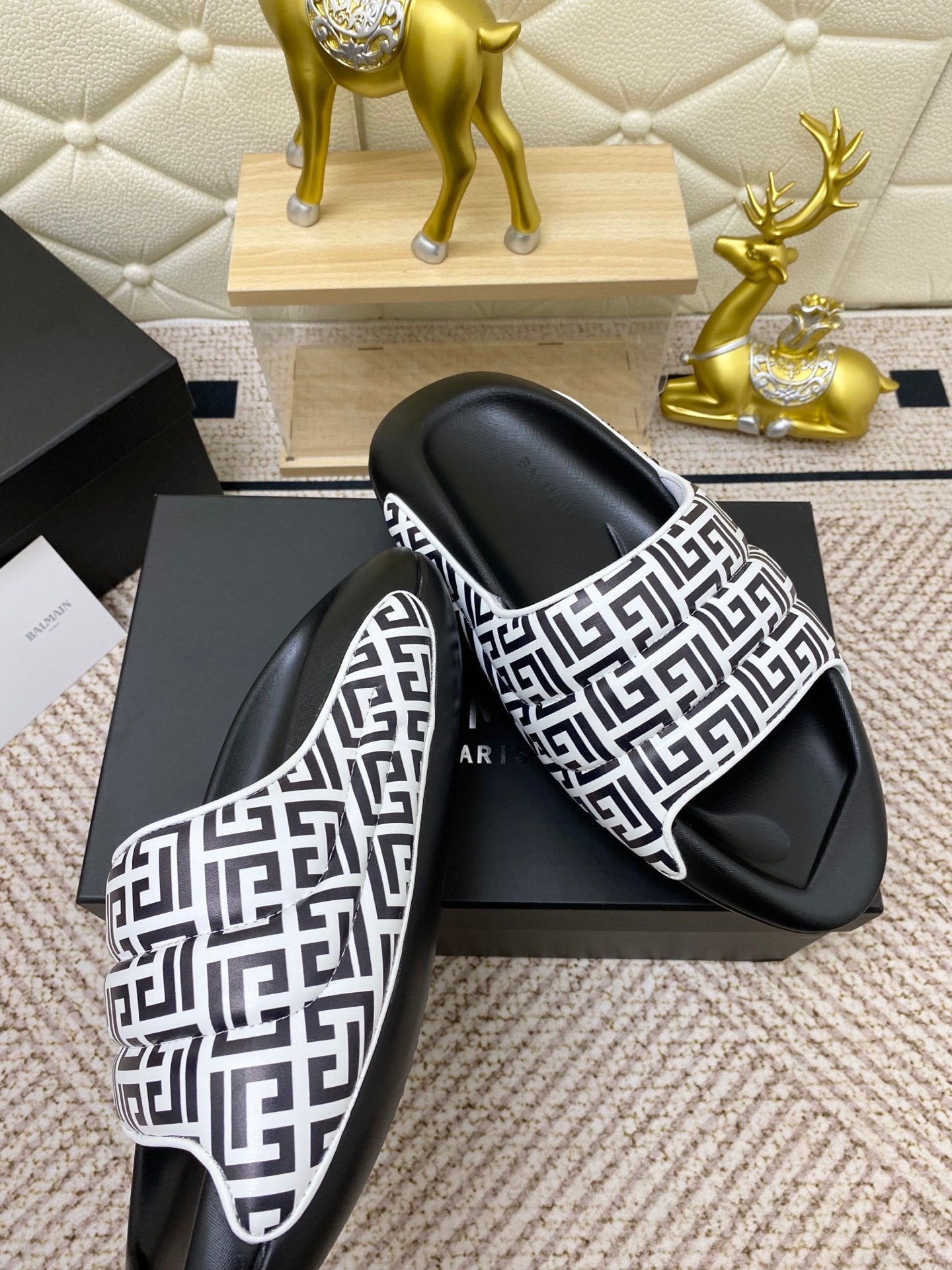 BALMAIN 25S BALMAIN MULES IN BLACK AND WHITE CALFSKIN