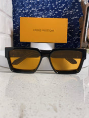 RECTANGLE SUNGLASSES 575848 IN BLACK ACETATE ORANGE METAL YELLOW LENS