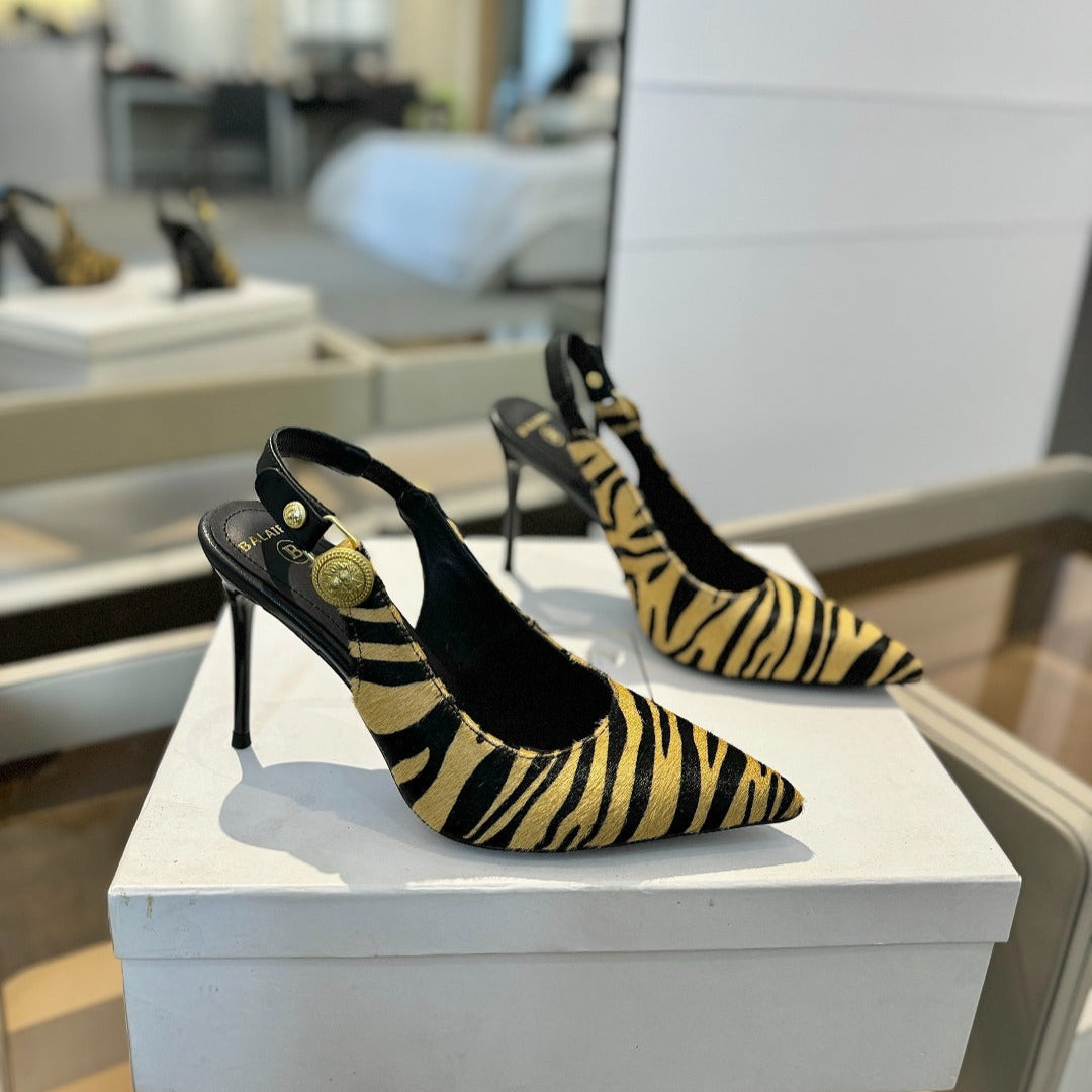 BALMAIN 25S SLINGBACK EVA 95MM IN YELLOW AND BLACK ZEBRA PRINT CALFSKIN