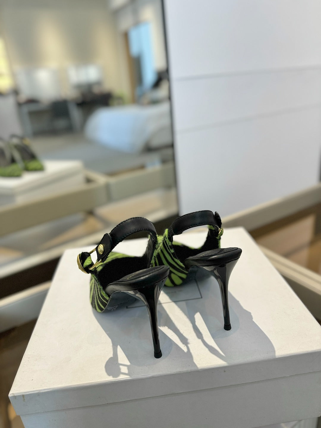 BALMAIN 25S SLINGBACK EVA 95MM IN GREEN AND BLACK ZEBRA PRINT CALFSKIN