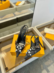 HIGH HEELS 95 MM IN BLACK MONOGRAM DENIM WITH CRYSTALS