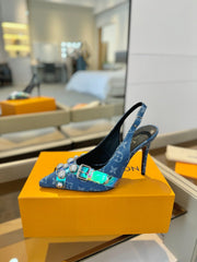 HIGH HEELS 95 MM IN CLASSIC BLUE MONOGRAM DENIM WITH CRYSTALS