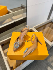 HIGH HEEL 75 MM SLINGBACK IN BRONZE BROWN CALFSKIN WITH CRYSTAL