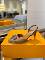 HIGH HEEL 75 MM SLINGBACK IN BRONZE BROWN CALFSKIN WITH CRYSTAL