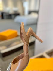 HIGH HEEL 75 MM SLINGBACK IN BRONZE BROWN CALFSKIN WITH CRYSTAL