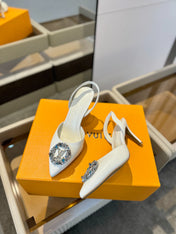 HIGH HEEL 75 MM SLINGBACK IN WHITE CALFSKIN WITH CRYSTAL