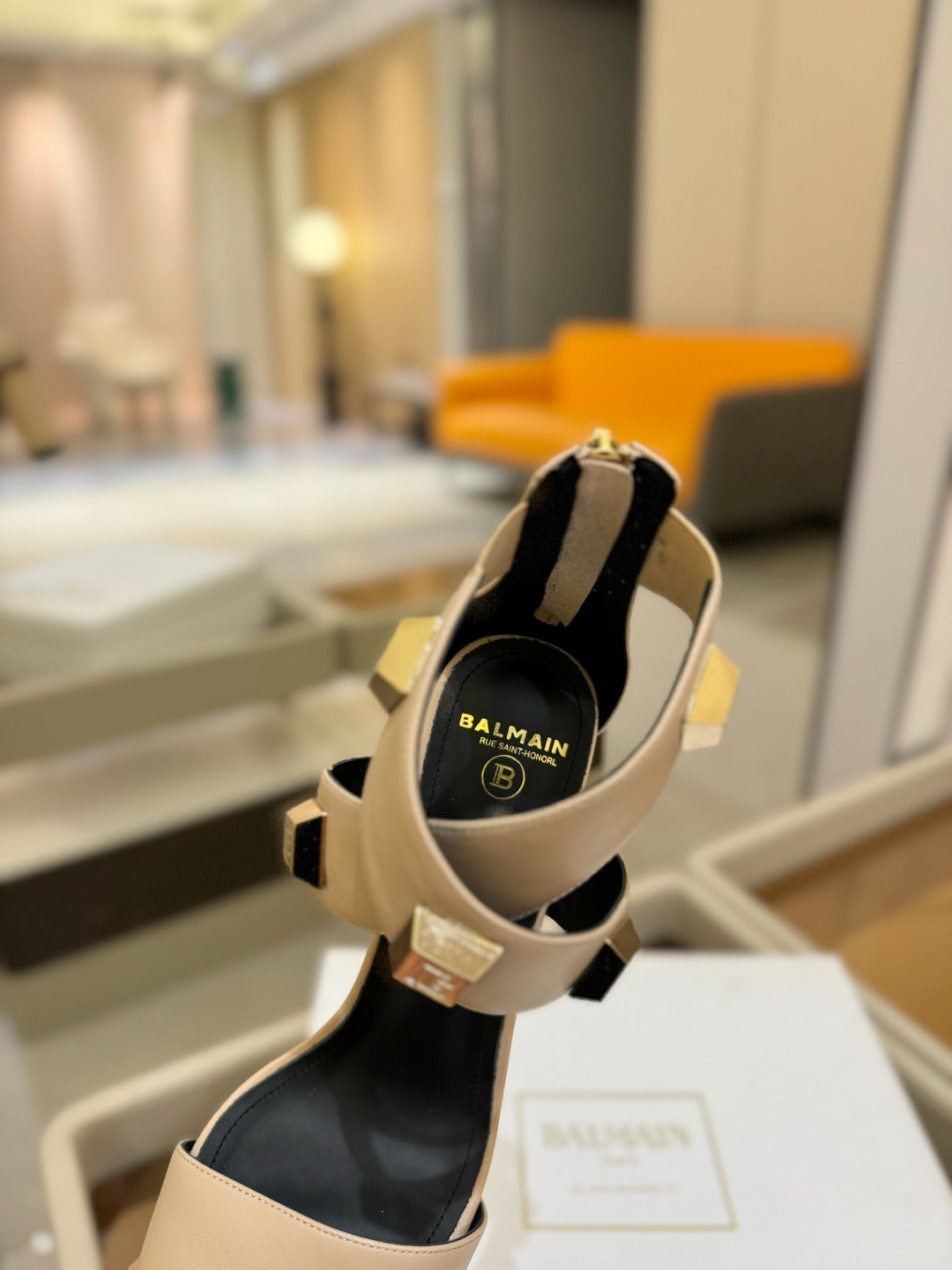 BALMAIN 25S WEDGE HEELS 105MM IN BEIGE CALFSKIN GOLD HARDWARE