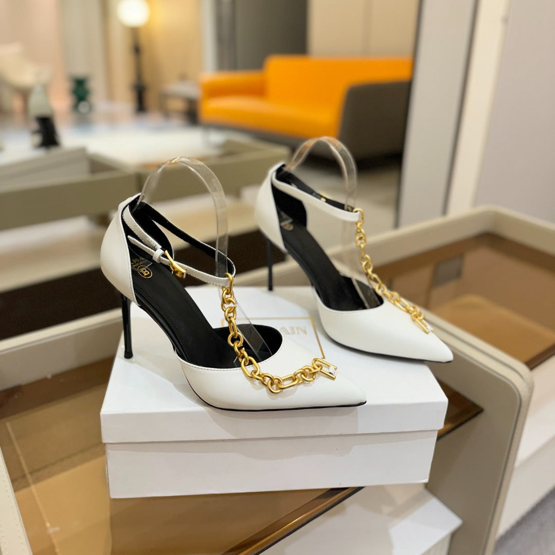 BALMAIN 25S SYNC STILETTOS WITH POINTED TOE 95MM IN WHITE CALFSKIN