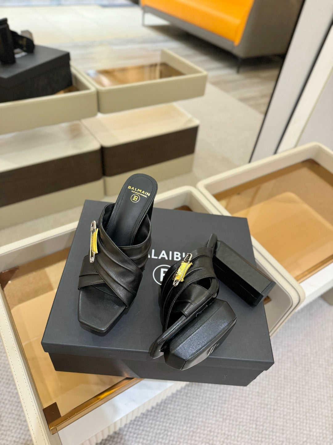 BALMAIN 25S WEDGE HEEL SANDALS 100MM IN BLACK CALFSKIN