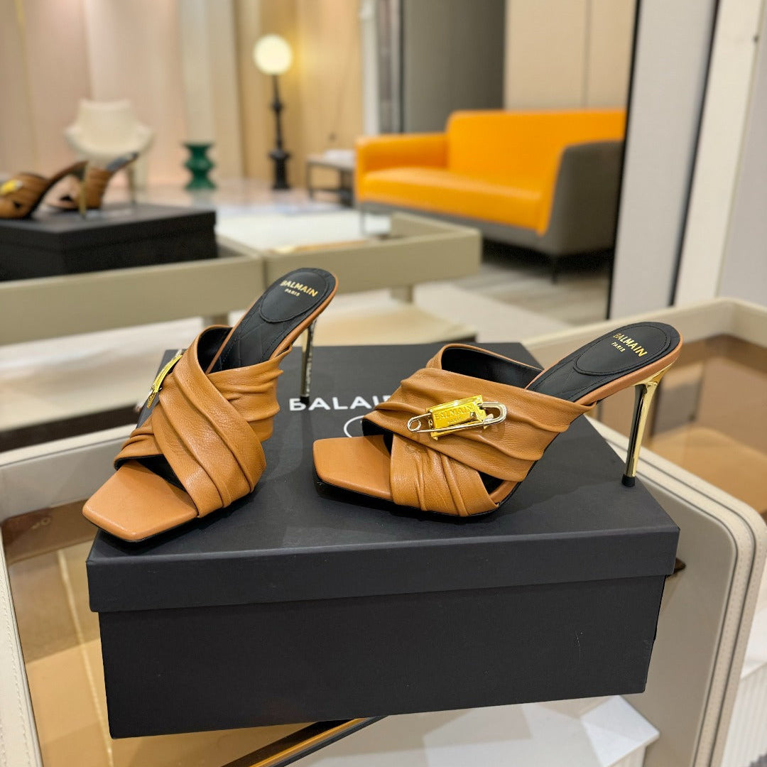 BALMAIN 25S HIGH HEEL SANDALS 95MM IN BROWN CALFSKIN