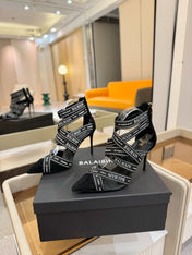 BALMAIN 25S HIGH HEELS LOGO RIBBON 95MM IN BLACK FULL SUEDE