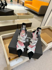 BALMAIN 25S HIGH HEELS LOGO RIBBON 95MM IN BLACK AND WHITE SUEDE