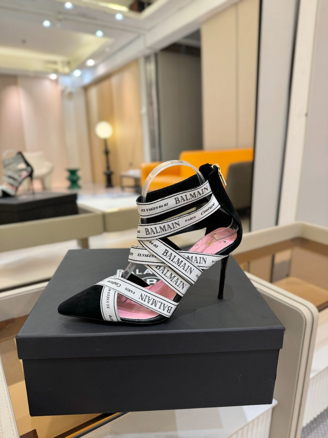 BALMAIN 25S HIGH HEELS LOGO RIBBON 95MM IN BLACK AND WHITE SUEDE