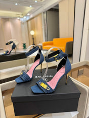 BALMAIN 25S HIGH HEELS 95MM IN BLUE DENIM