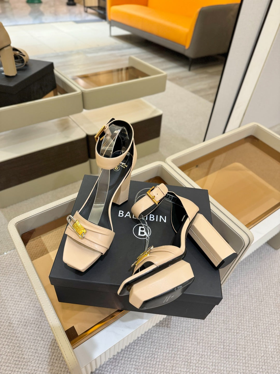 BALMAIN 25S WEDGE HEELS 100MM IN NUDE CALFSKIN